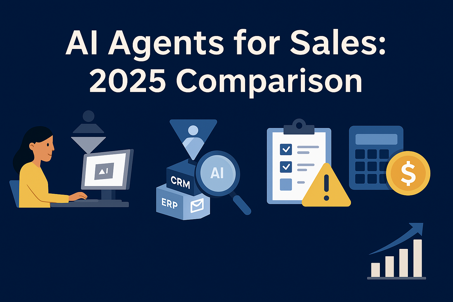 Banner-style illustration with the headline “AI Agents for Sales: 2025 Comparison.” The graphic shows a woman at a desk using a computer, surrounded by icons representing AI integrations, CRM and ERP systems, a checklist, a calculator, a dollar symbol, and a rising bar chart, all on a dark blue background.