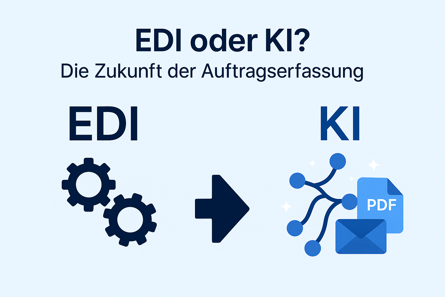 Infografik im Querformat mit dem Titel ‚EDI oder KI? Die Zukunft der Auftragserfassung‘. Links sind Zahnräder als Symbol für EDI abgebildet, rechts ein neuronales Netzwerk mit PDF- und E-Mail-Icons als Symbol für KI, verbunden durch einen Pfeil.