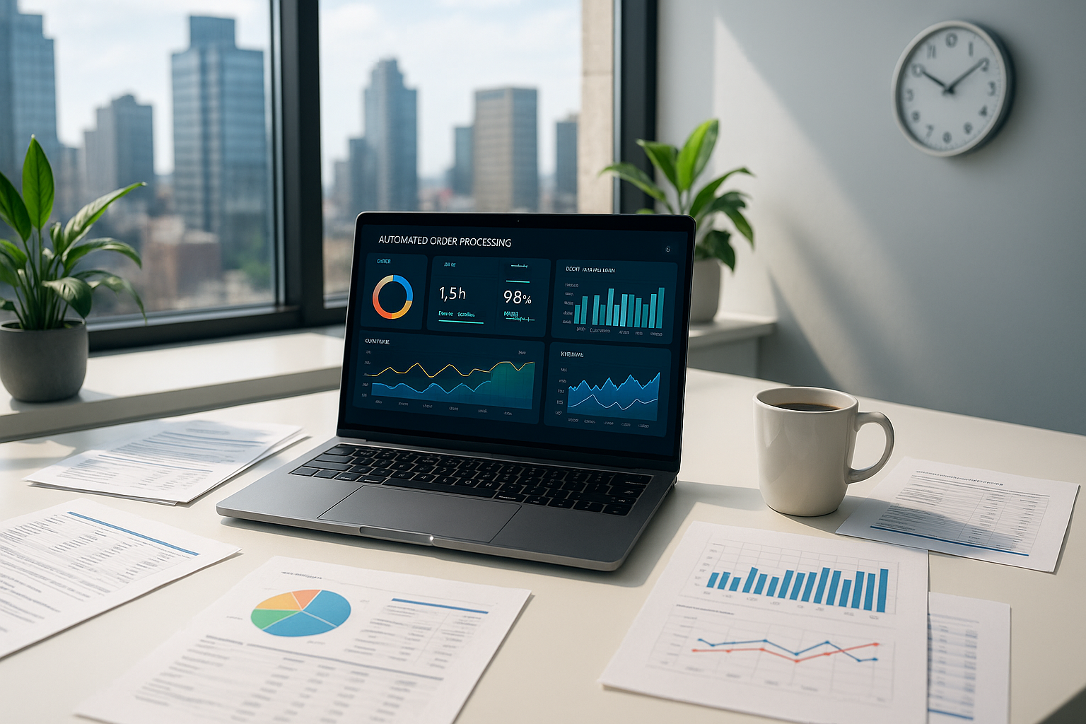 Ein modernes, helles Büro mit einem weißen Schreibtisch, auf dem ein geöffneter Laptop steht, der eine Software zur automatisierten Auftragsabwicklung mit Diagrammen und KPIs anzeigt. Um den Laptop liegen geordnete Dokumente mit Grafiken und Tabellen. Im Hintergrund fällt Tageslicht durch ein großes Fenster mit Blick auf eine städtische Skyline. Zwei Topfpflanzen und eine analoge Wanduhr runden die aufgeräumte, professionelle Atmosphäre ab. Daneben steht eine Tasse Kaffee.