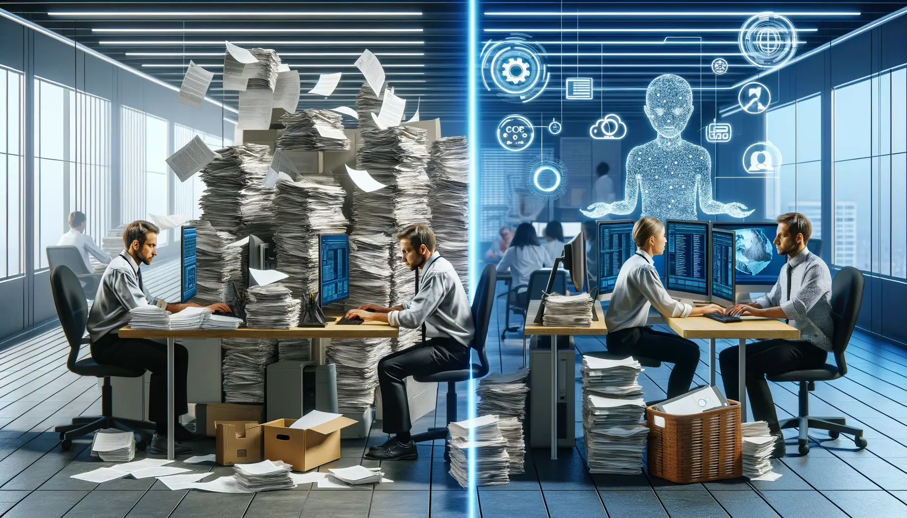 An office scene depicting the evolution from manual to automated processes. On the left, a frustrated employee is overwhelmed by paper stacks and manually enters data on a computer. On the right, a relaxed employee oversees a streamlined digital workflow displayed on multiple monitors, enhanced by AI technology icons like OCR and analytics. The setting includes modern office furnishings, illustrating the shift from traditional to advanced work methods.