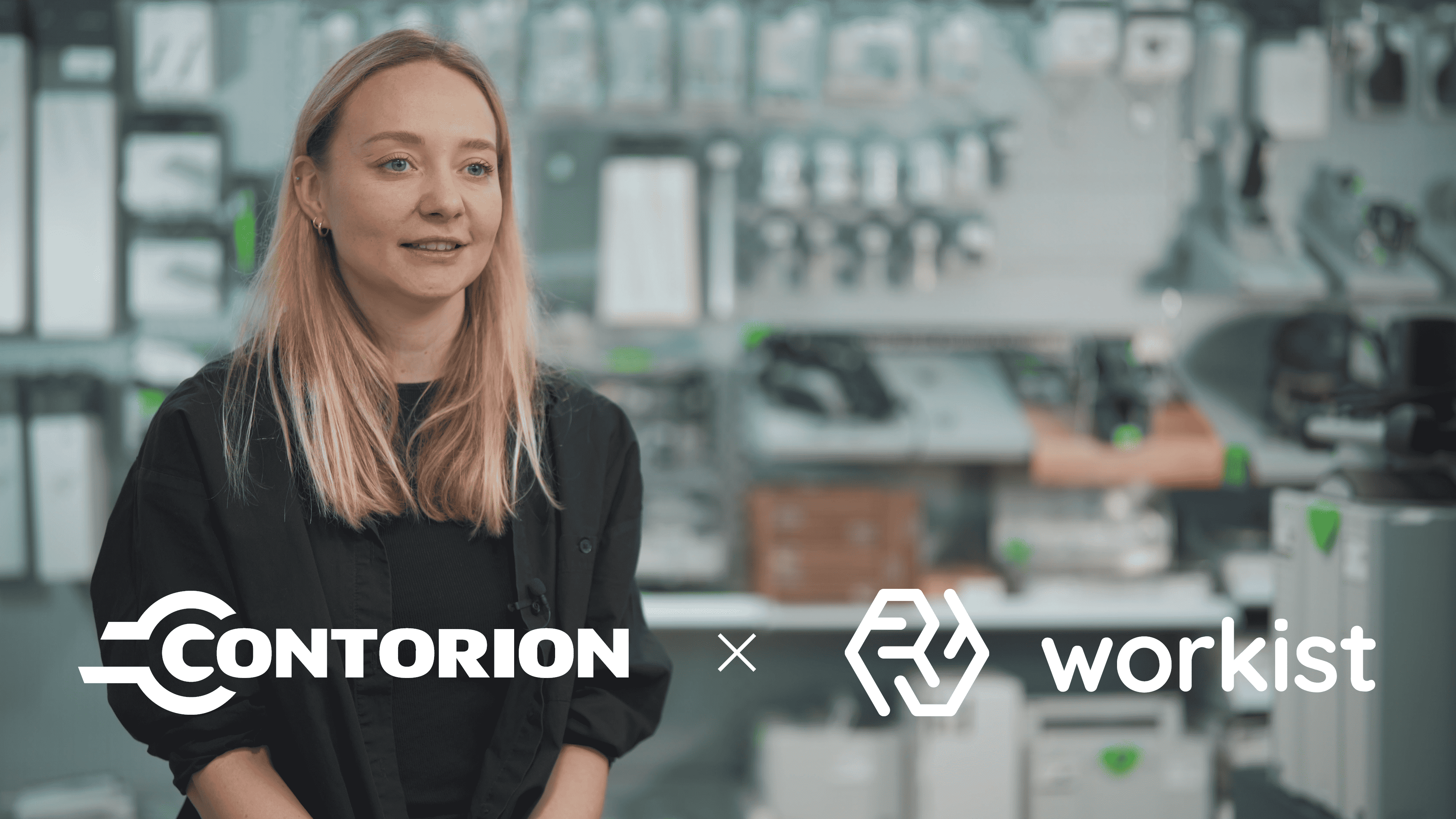 Valentina Yakupova at Contorion's warehouse with tools and supplies in the background, featuring the Contorion and Workist logos to symbolize their partnership.